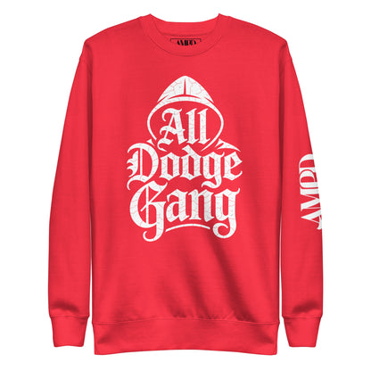 Red Dodge Gang Sweatshirt featuring bold white lettering for car enthusiasts, premium quality pullover