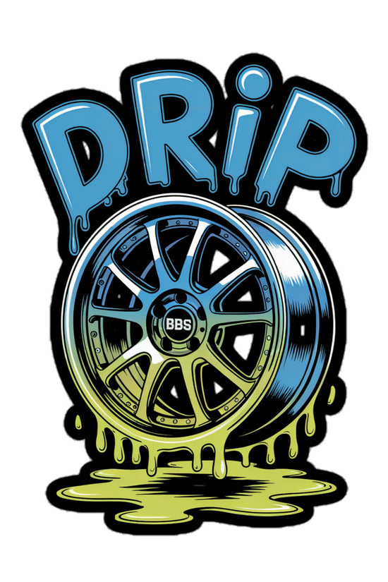 Amp'd Up Custom Drip sticker featuring a colorful wheel design with dripping paint effect