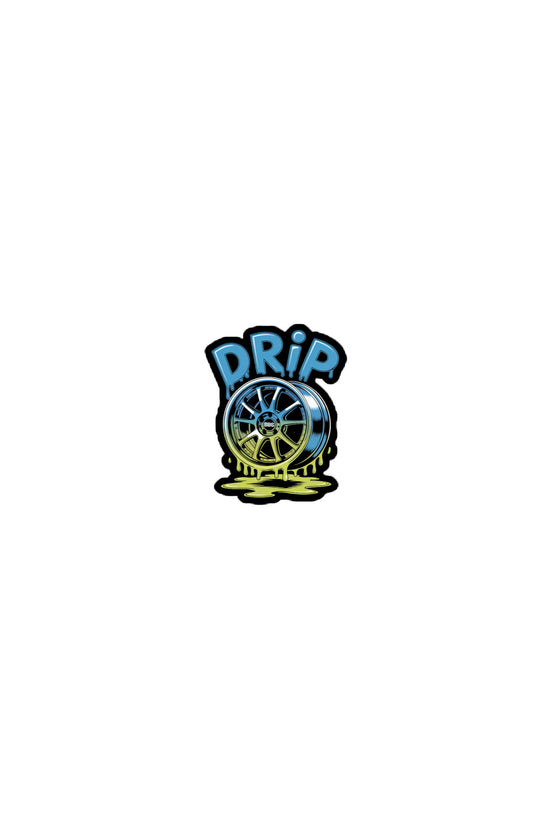 Amp'd Up Custom Drip sticker featuring a vibrant wheel design with colorful dripping paint