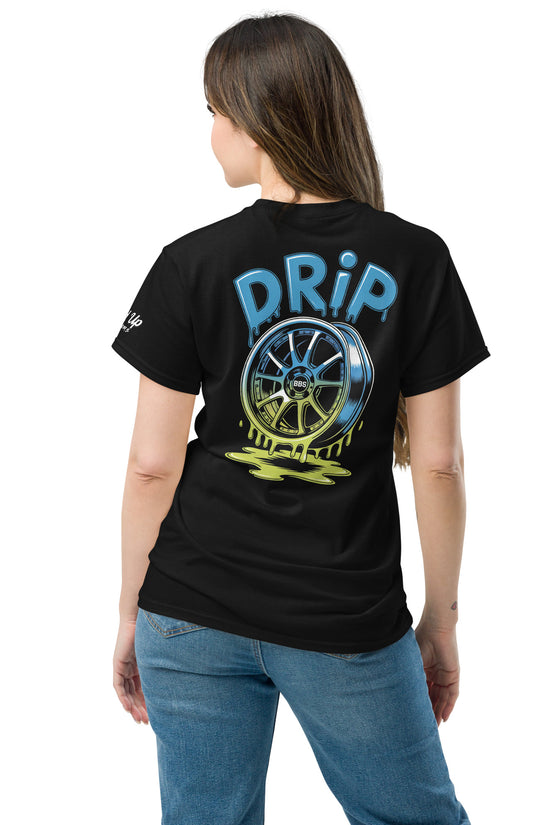 Amp'd Up Custom Black T-shirt featuring Drip T-Shirt Graphic on Back with vibrant wheel design