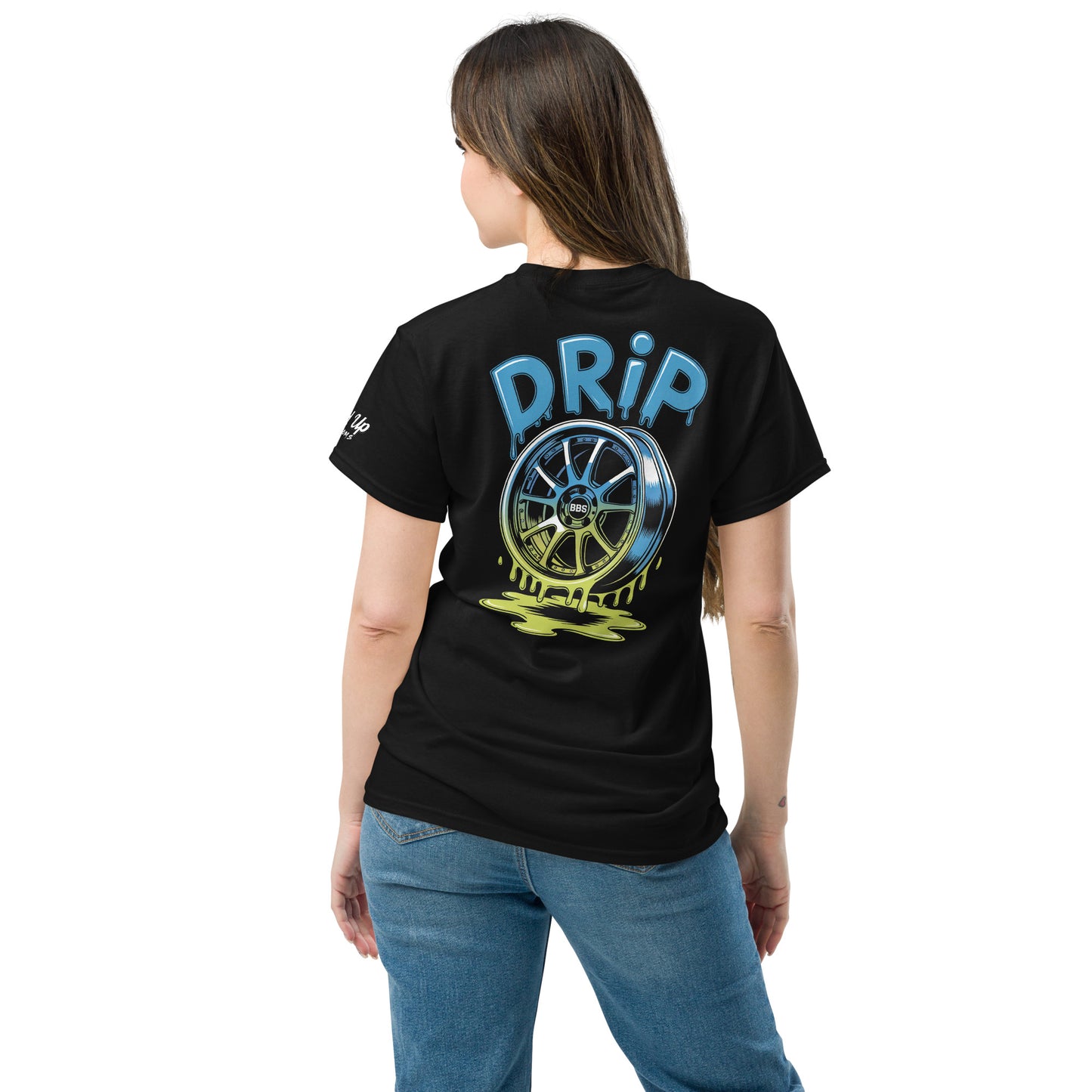 Amp'd Up Custom Black T-shirt featuring Drip T-Shirt Graphic on Back with vibrant wheel design