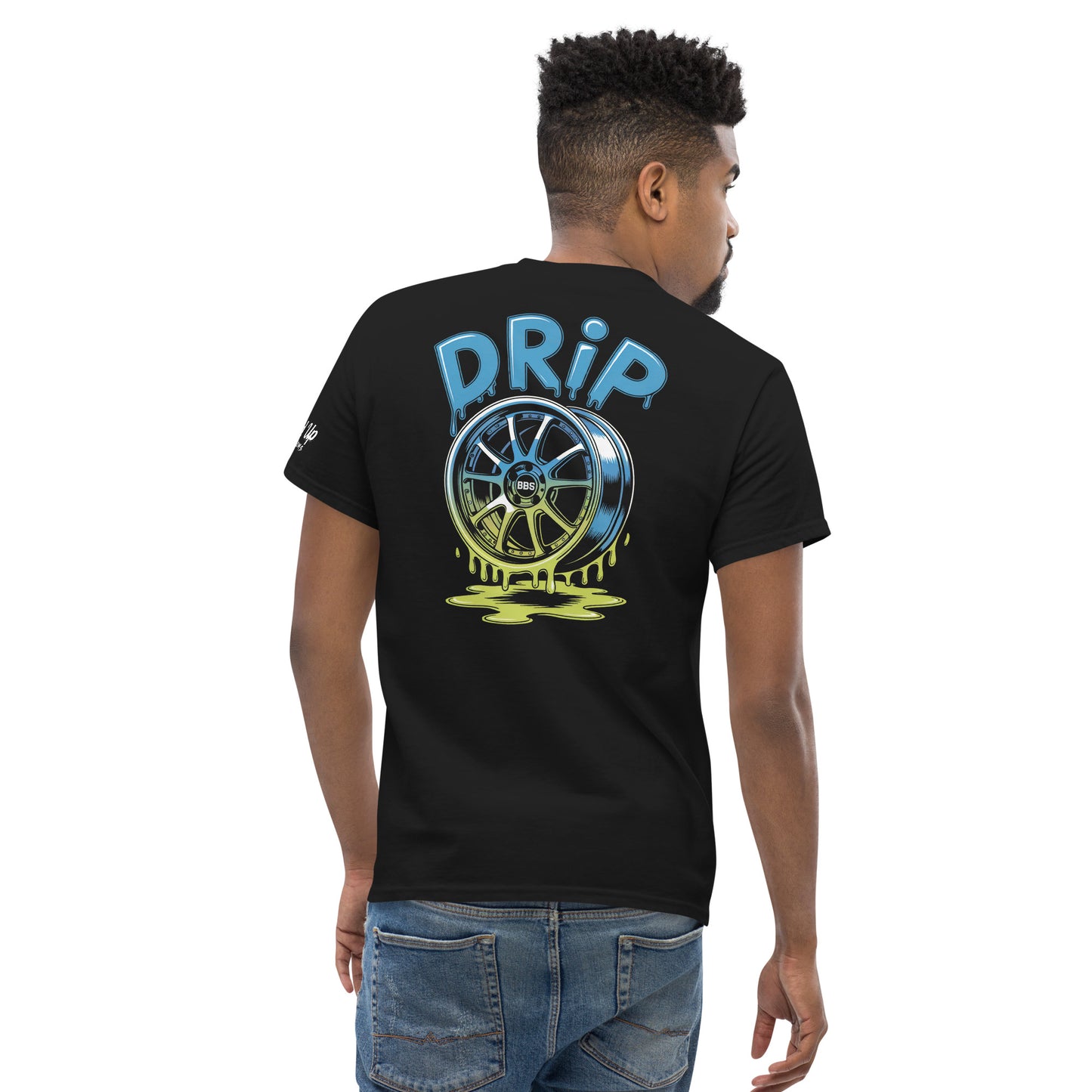 Amp'd Up Custom Black T-Shirt featuring Drip T-Shirt Graphic on Back with Colorful Wheel Design