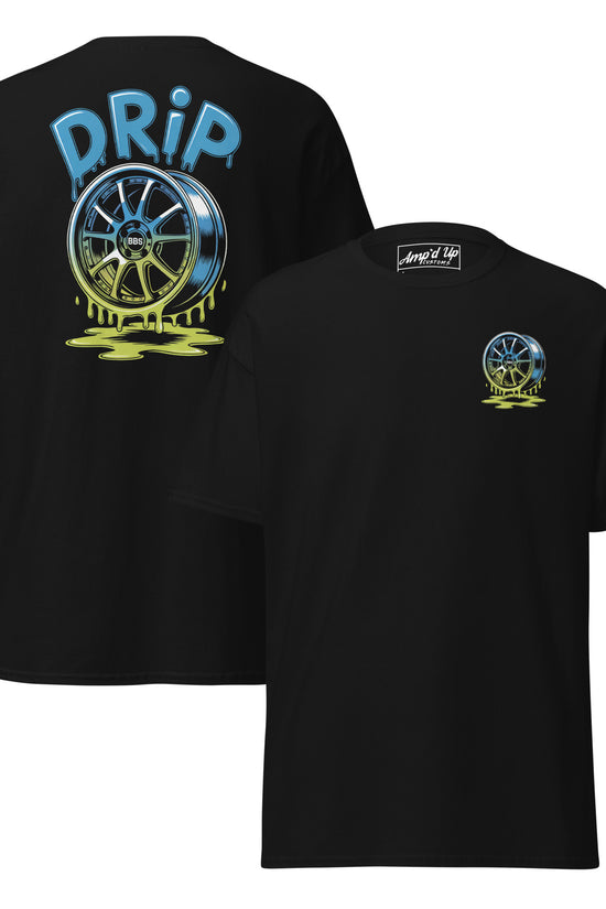Black Amp'd Up Custom T-shirt featuring Drip T-Shirt Graphic on Back with colorful wheel design