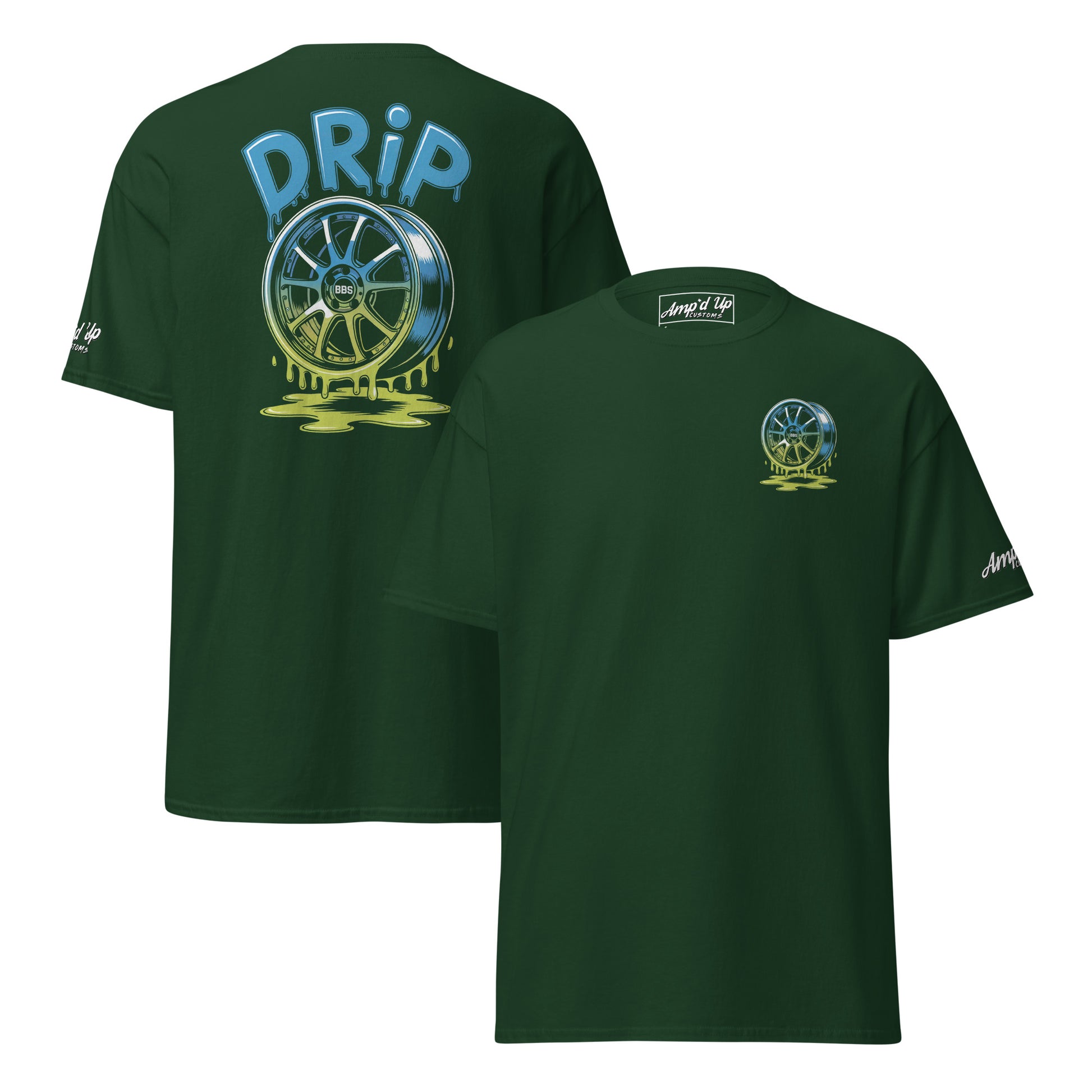 Amp'd Up Custom Drip T-Shirt Graphic on Back with Wheel Design and Dripping Effect
