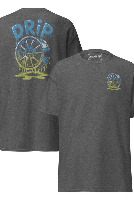 Gray Amp'd Up Custom T-shirt featuring Drip T-Shirt Graphic on Back with vibrant wheel design