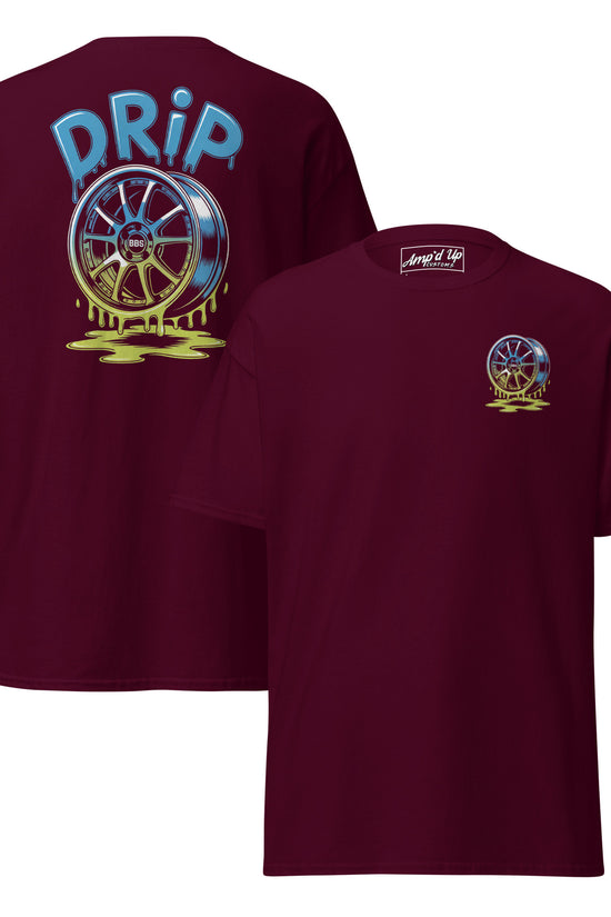Amp'd Up Custom Maroon T-Shirt featuring Drip T-Shirt Graphic on Back with a vibrant wheel design