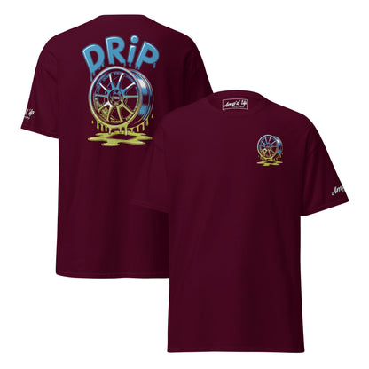 Amp'd Up Custom Maroon T-Shirt featuring Drip T-Shirt Graphic on Back with a vibrant wheel design