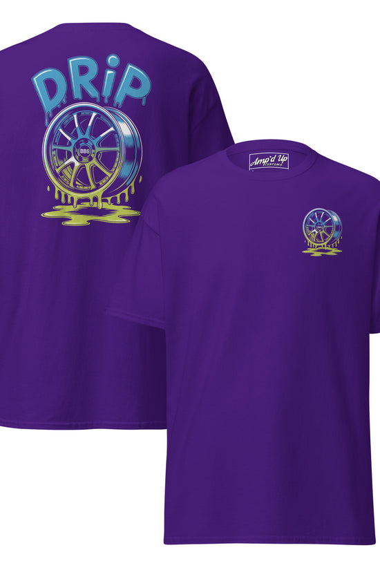 Amp'd Up Custom Purple Drip T-Shirt Graphic on Back with Colorful Wheel Design
