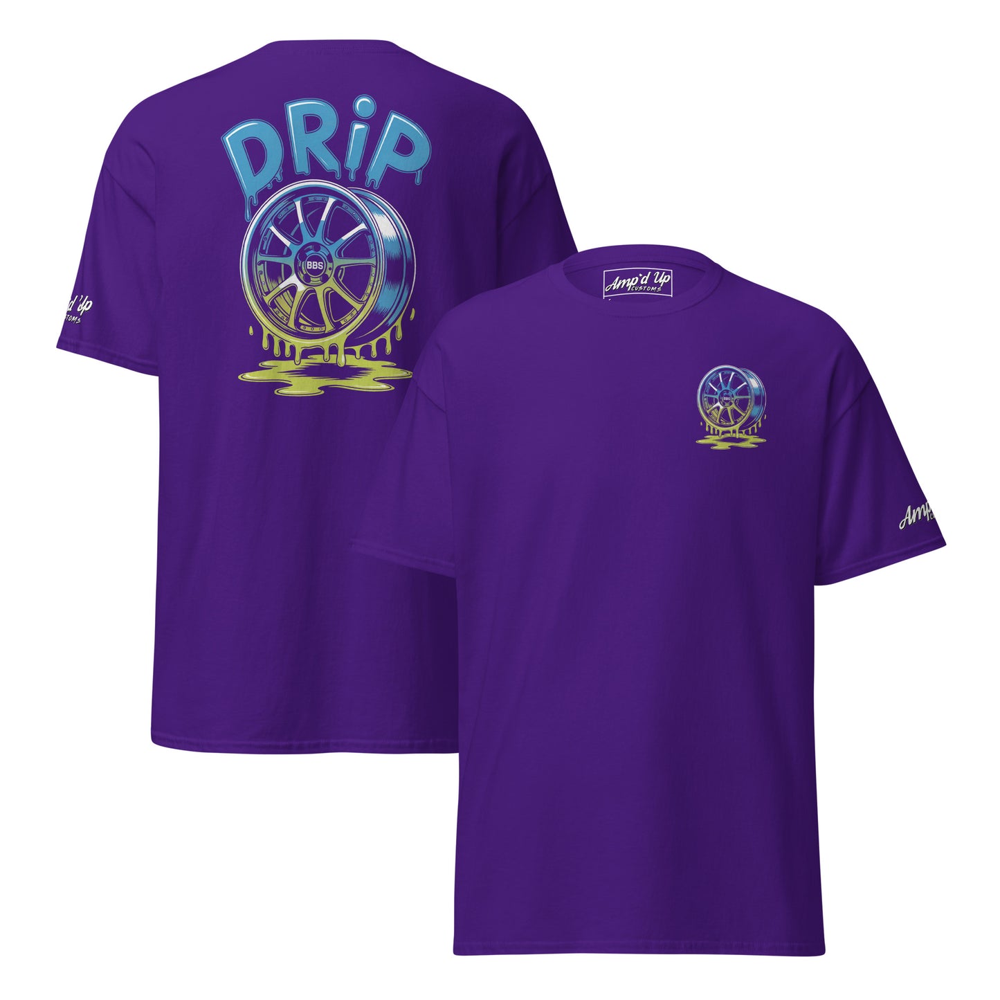 Amp'd Up Custom Purple Drip T-Shirt Graphic on Back with Colorful Wheel Design