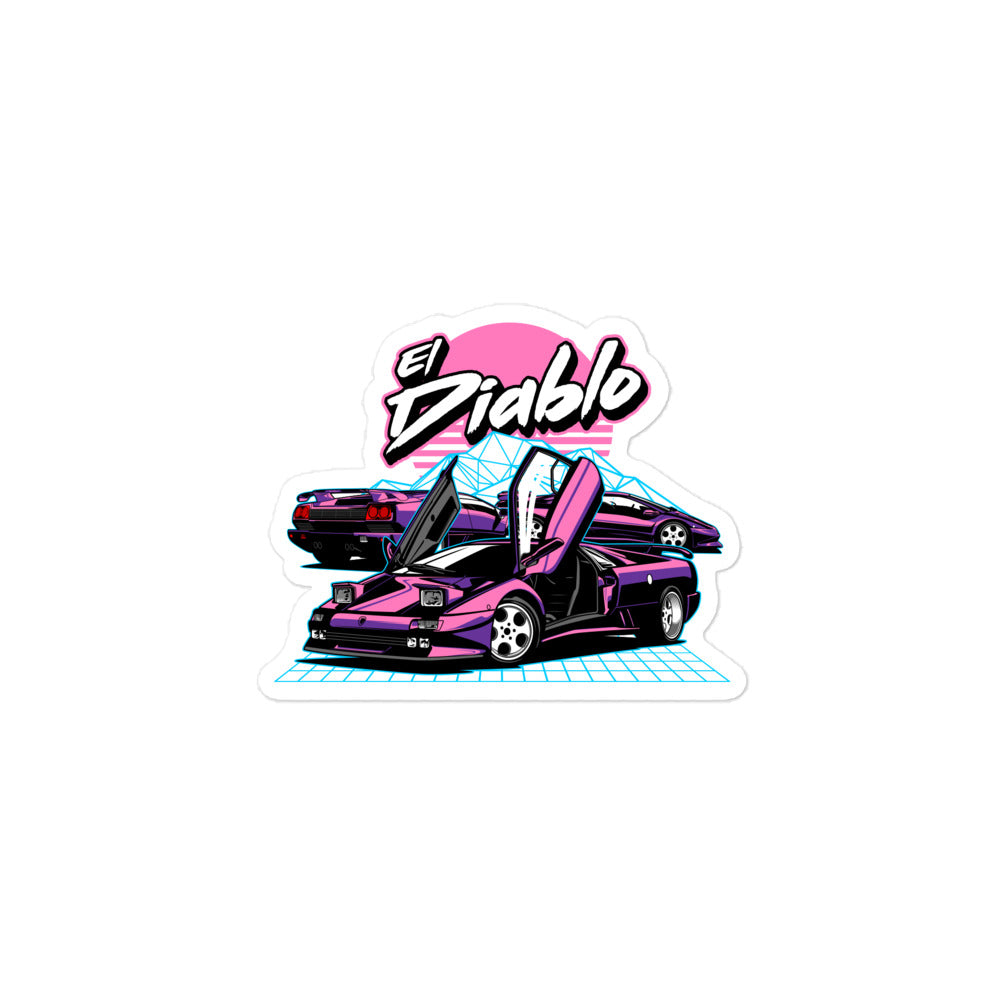 El Diablo sticker featuring a stylish purple sports car with an open door in retro design
