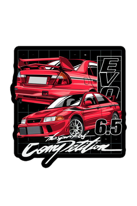 Evo 6.5 sticker featuring a red Mitsubishi car design with sleek graphics for automotive enthusiasts