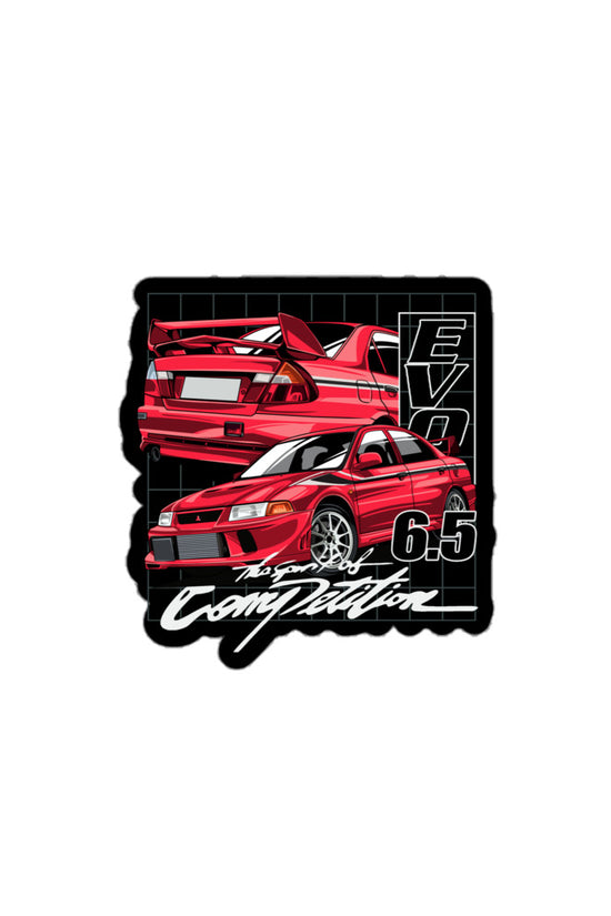 Evo 6.5 sticker featuring a stylish red car design with a grid background