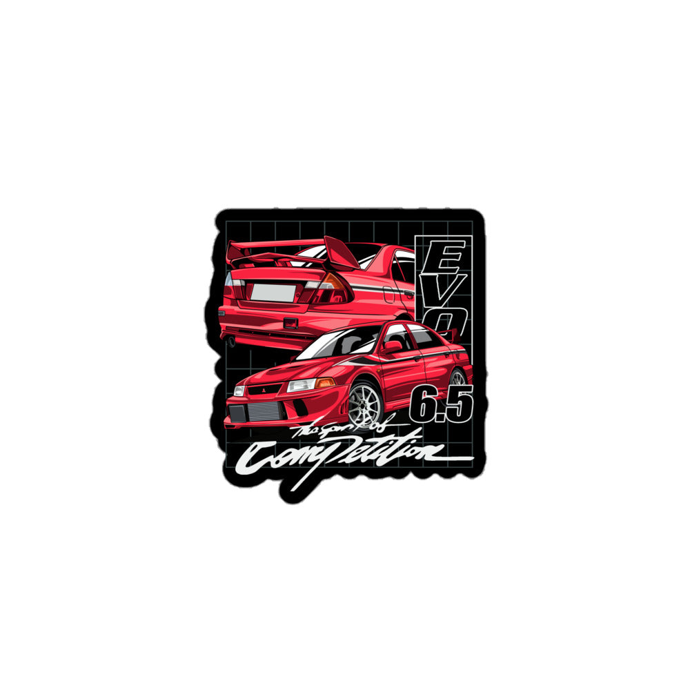 Evo 6.5 sticker featuring a stylish red car design with a grid background