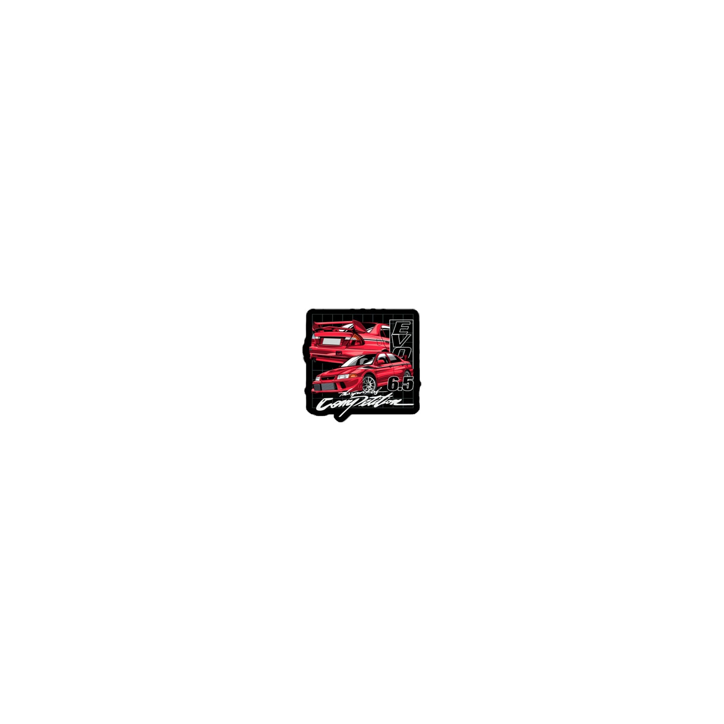 Evo 6.5 sticker featuring a detailed illustration of a red sports car on a black background