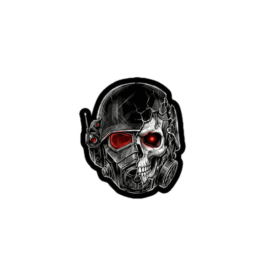 Fallout video game Series NCR New California Republic half broken helmet bubble-free sticker design with skull and red accents