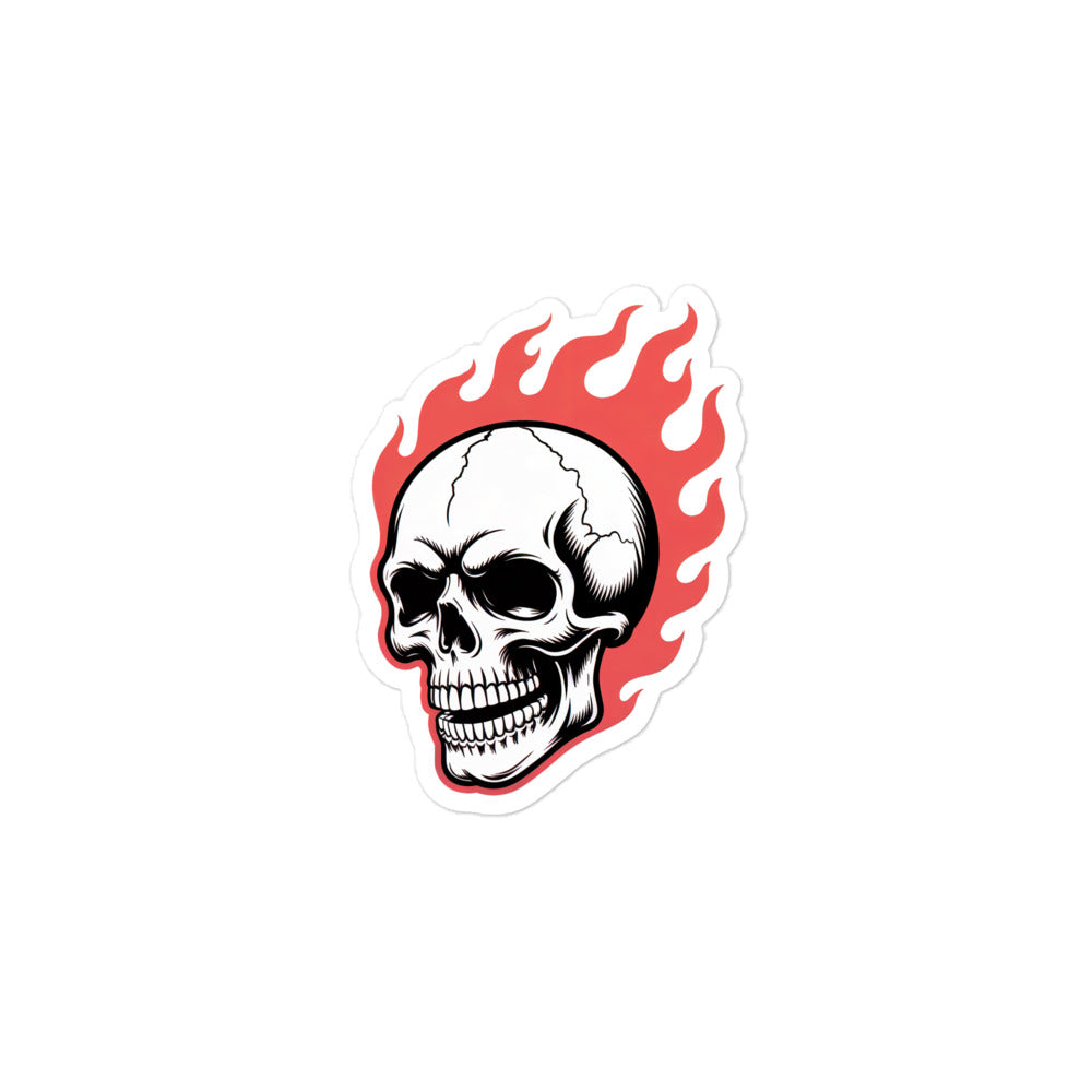 Amp'd Up Custom Flaming Skull sticker with detailed skull and red flames design