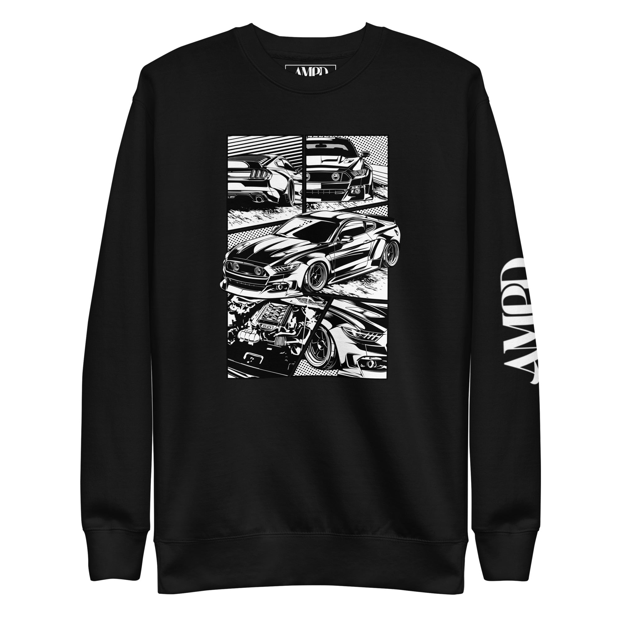 Ford Mustang GT 5.0 Comic Panel American Muscle Graphic Sweatshirt by Amp'd Up Custom in black color