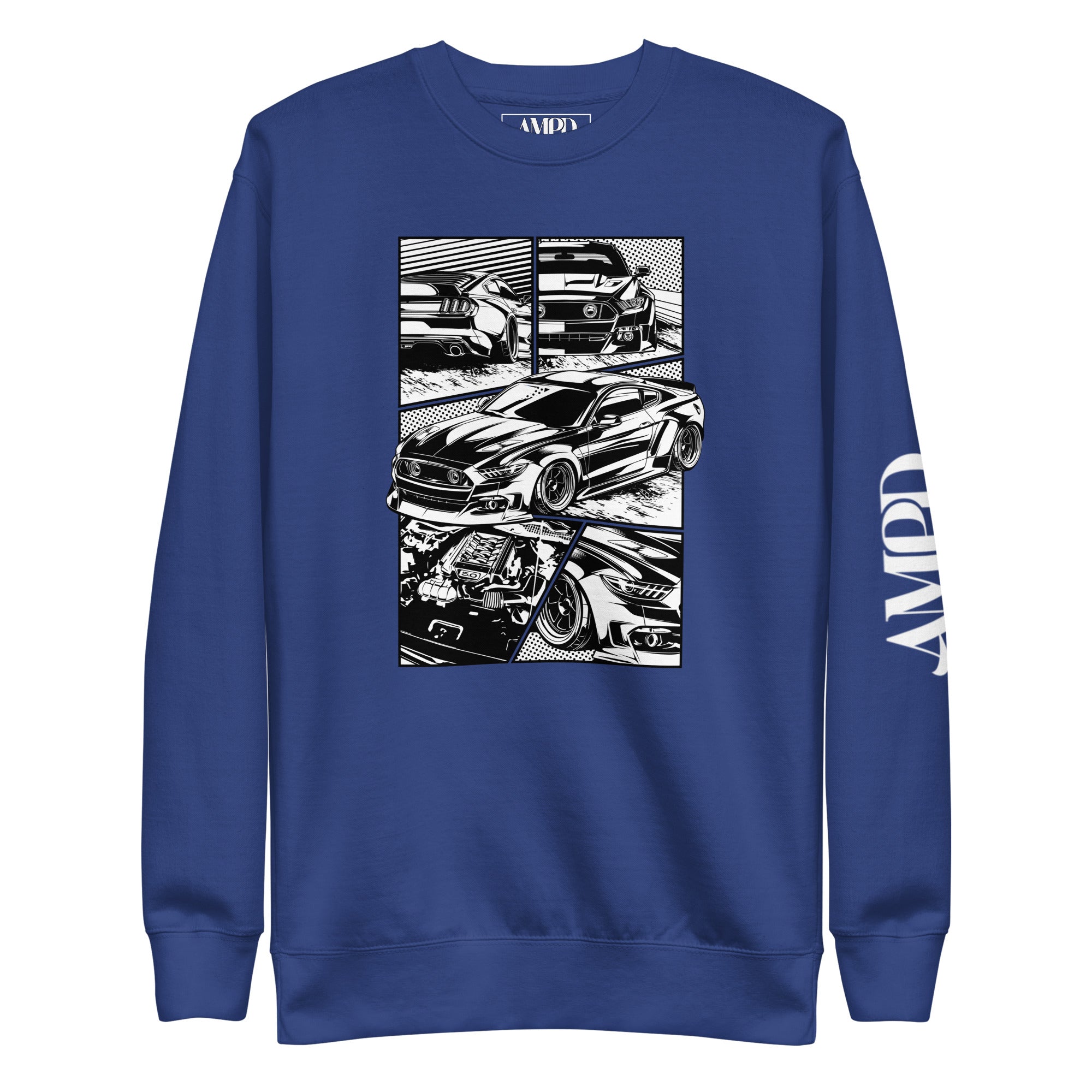 Ford Mustang GT 5.0 Comic Panel American Muscle Graphic Sweatshirt | AMPD in blue featuring unique car designs