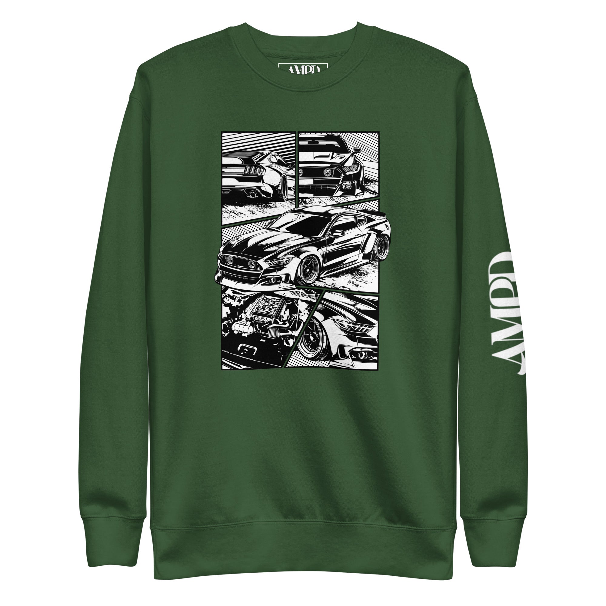 Ford Mustang GT 5.0 Comic Panel American Muscle Graphic Sweatshirt | AMPD in green with stylish car illustrations