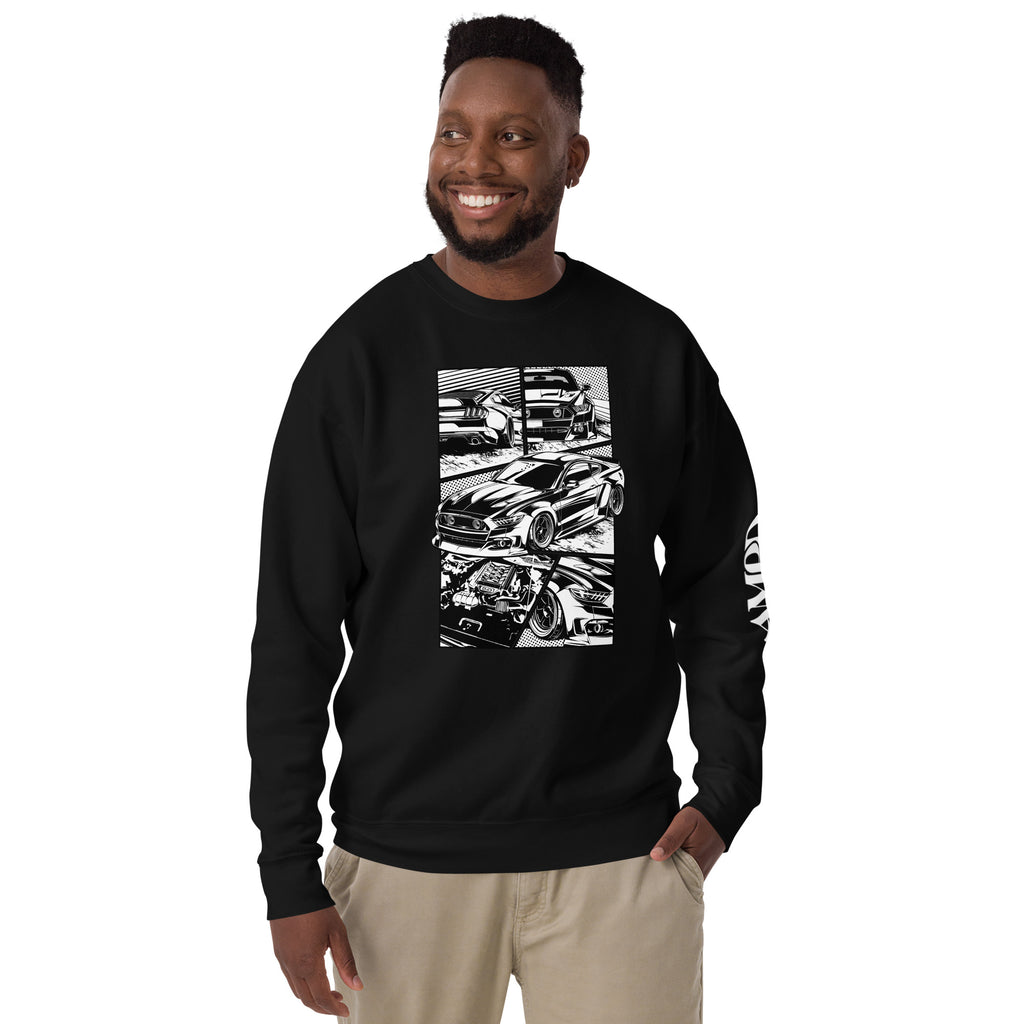 Ford Mustang GT 5.0 Comic Panel American Muscle Graphic Sweatshirt | AMPD on a smiling man in black