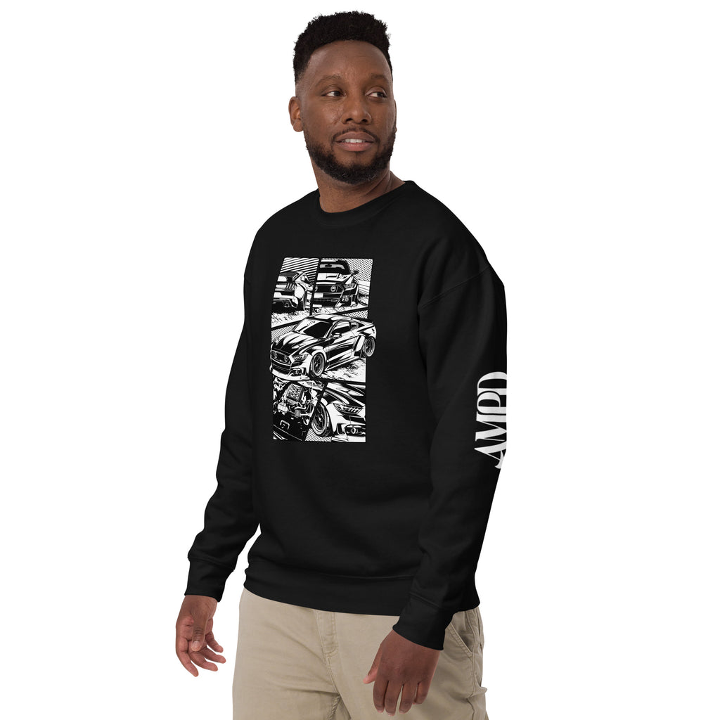 Black Amp'd Up Custom sweatshirt featuring Ford Mustang GT 5.0 Comic Panel American Muscle Graphic design