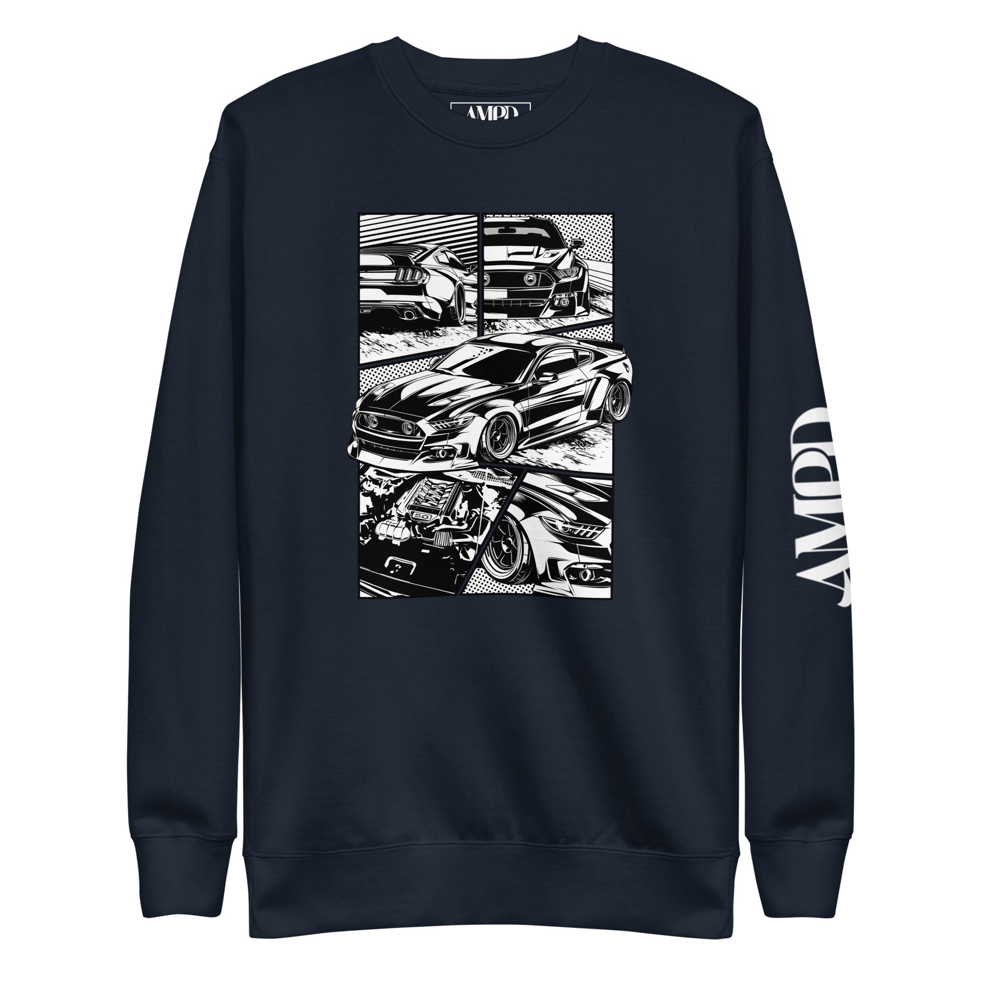 Ford Mustang GT 5.0 Comic Panel American Muscle Graphic Sweatshirt | AMPD in navy blue with bold car graphics