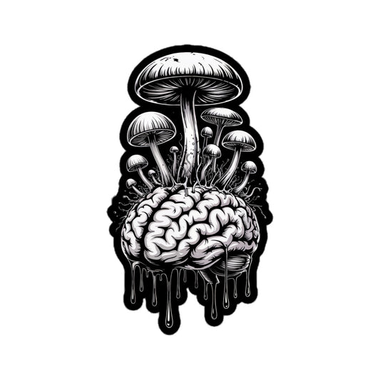 Black and white Fungus Brain sticker featuring mushrooms growing from a detailed dripping brain illustration