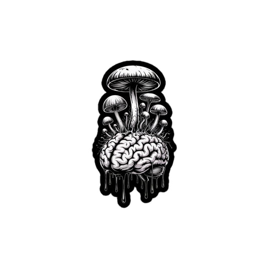 Black and white Fungus Brain sticker showing mushrooms growing from a dripping brain design