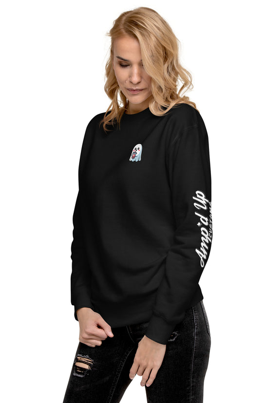 Black Ghost with Boba Sweatshirt by Amp'd Up Custom featuring small ghost graphic and sleeve logo