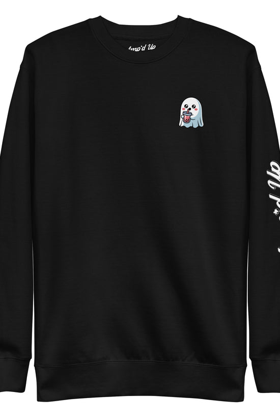 Black Ghost with Boba Sweatshirt from Amp'd Up Custom with small ghost graphic drinking boba and logo on sleeve