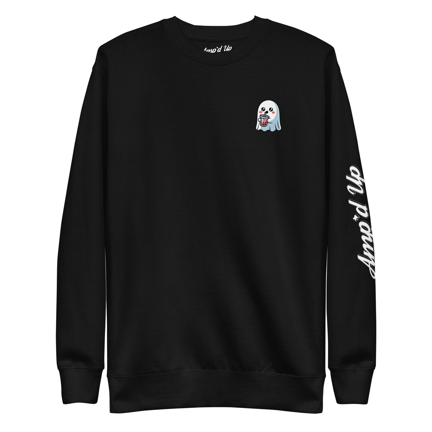 Black Ghost with Boba Sweatshirt from Amp'd Up Custom with small ghost graphic drinking boba and logo on sleeve