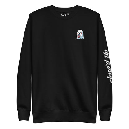 Black Ghost with Boba Sweatshirt from Amp'd Up Custom with small ghost graphic drinking boba and logo on sleeve