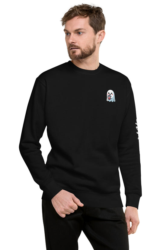 Black Ghost with Boba Sweatshirt by Amp'd Up Custom worn by male model with small ghost and boba graphic on chest