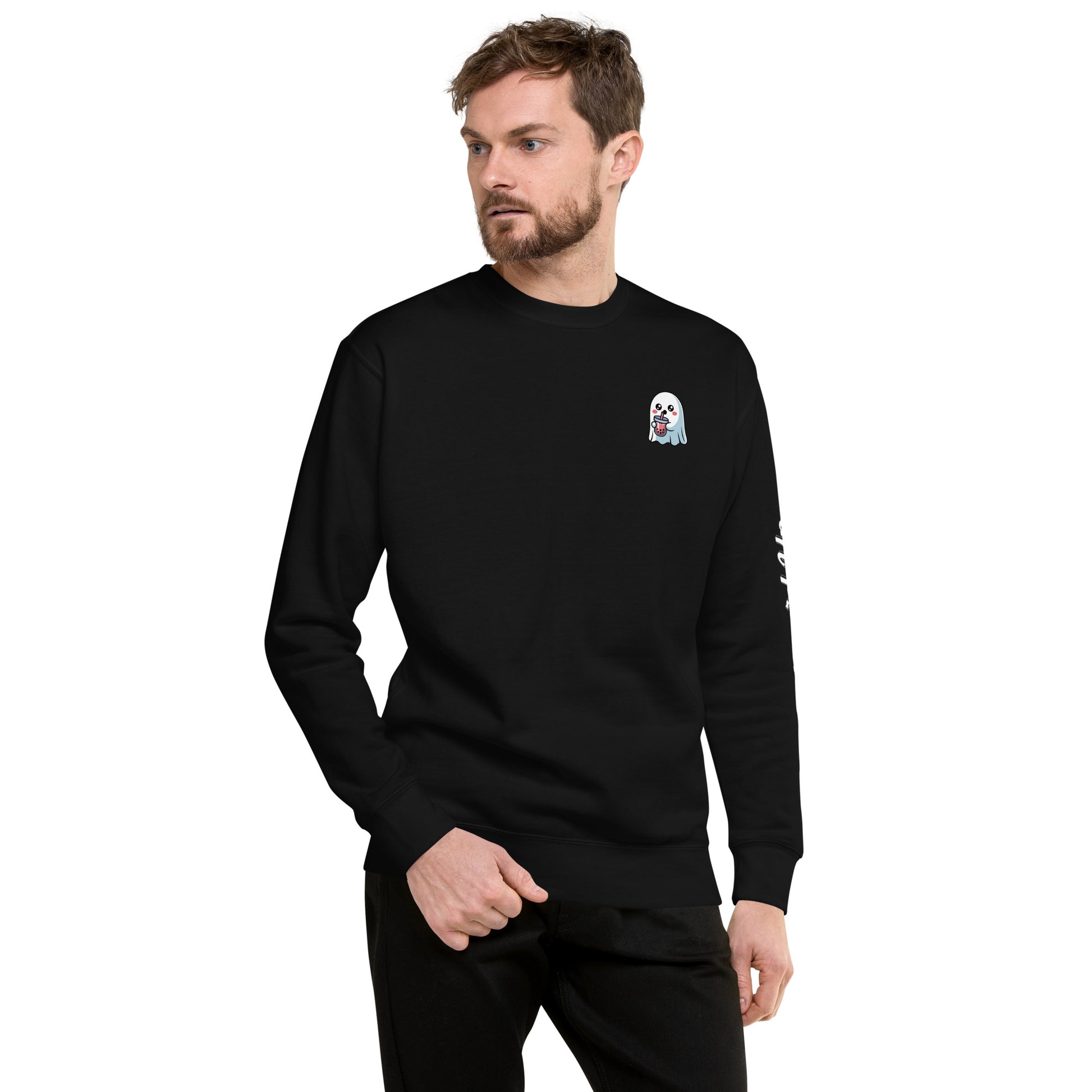 Black Ghost with Boba Sweatshirt by Amp'd Up Custom worn by male model with small ghost and boba graphic on chest