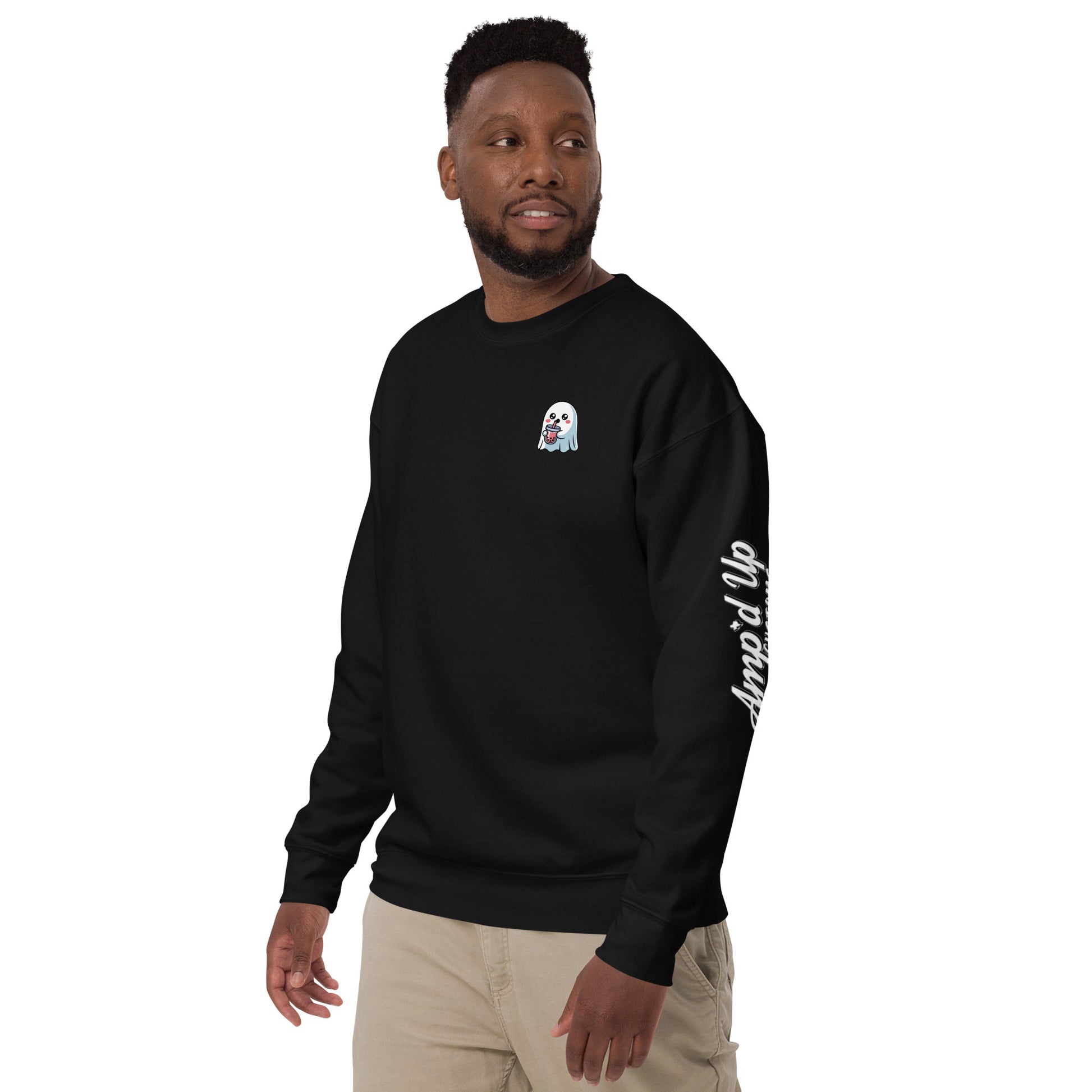 Black Ghost with Boba Sweatshirt by Amp'd Up Custom featuring a small ghost graphic and logo on sleeve