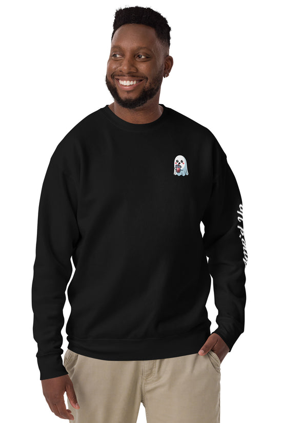 Black Ghost with Boba Sweatshirt by Amp'd Up Custom featuring small ghost sipping boba on chest and sleeve text