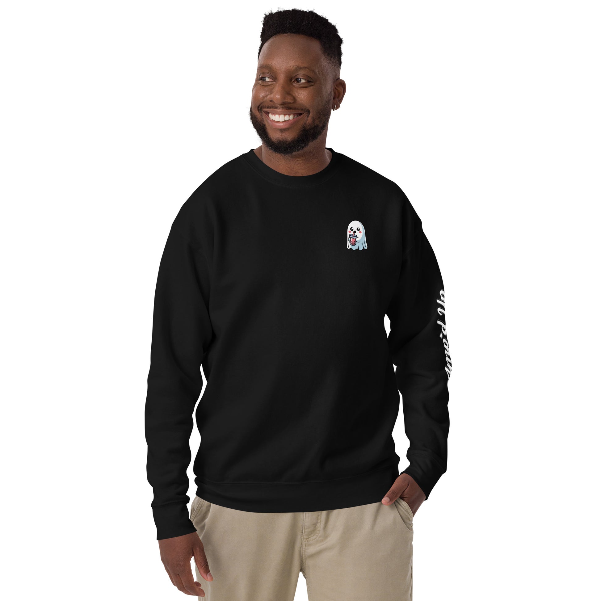 Black Ghost with Boba Sweatshirt by Amp'd Up Custom featuring small ghost sipping boba on chest and sleeve text