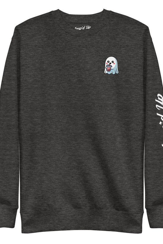 Amp'd Up Custom Ghost with Boba Sweatshirt in dark gray featuring a small ghost holding a boba drink and logo on sleeve