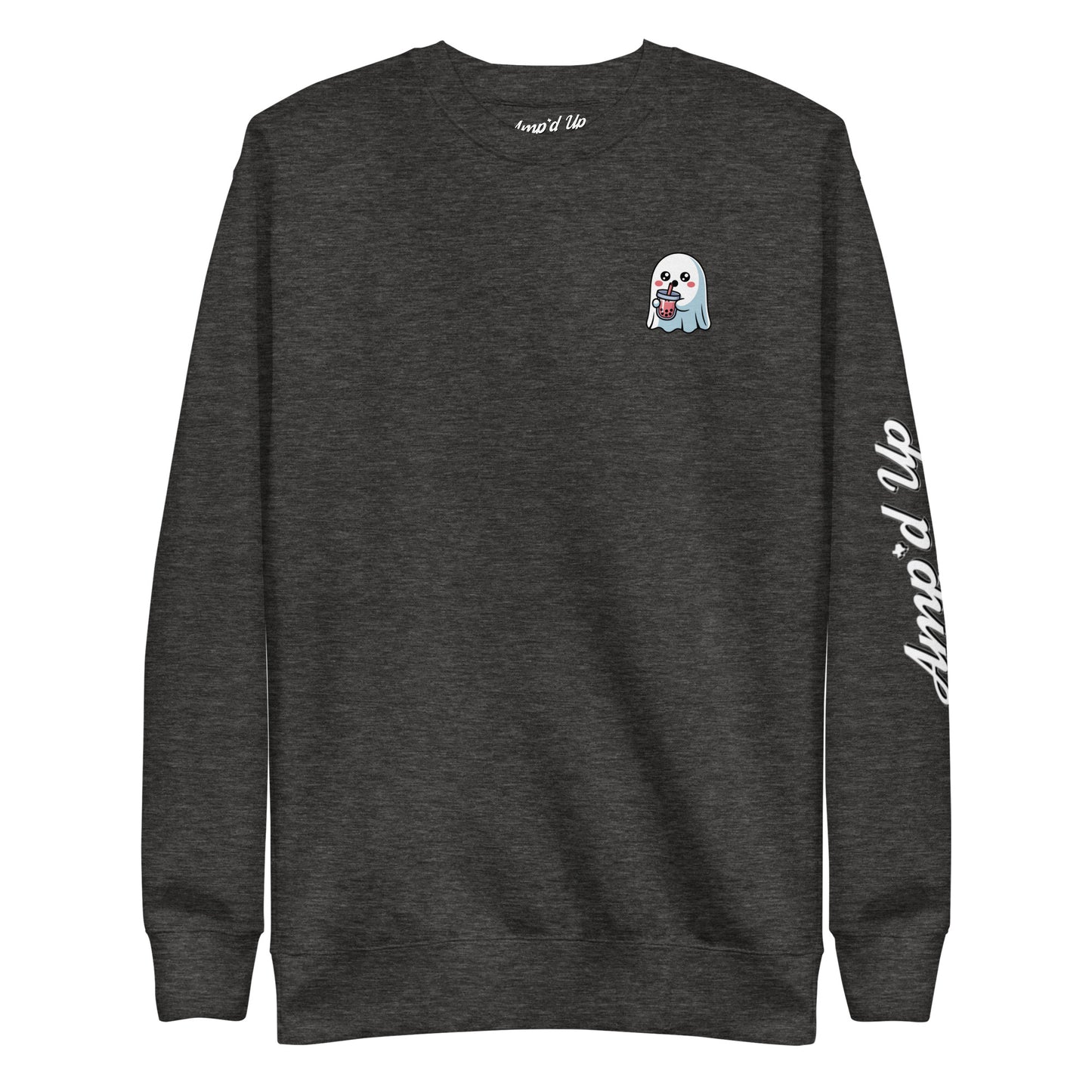 Amp'd Up Custom Ghost with Boba Sweatshirt in dark gray featuring a small ghost holding a boba drink and logo on sleeve