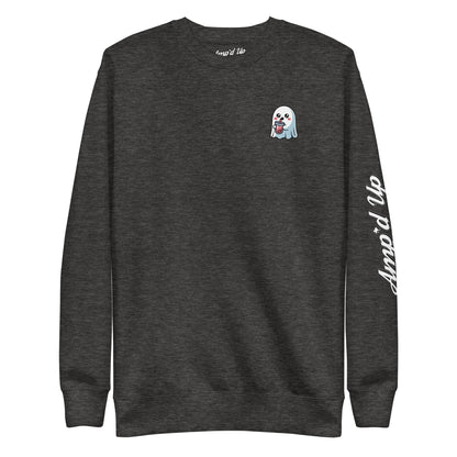Amp'd Up Custom Ghost with Boba Sweatshirt in dark gray featuring a small ghost holding a boba drink and logo on sleeve