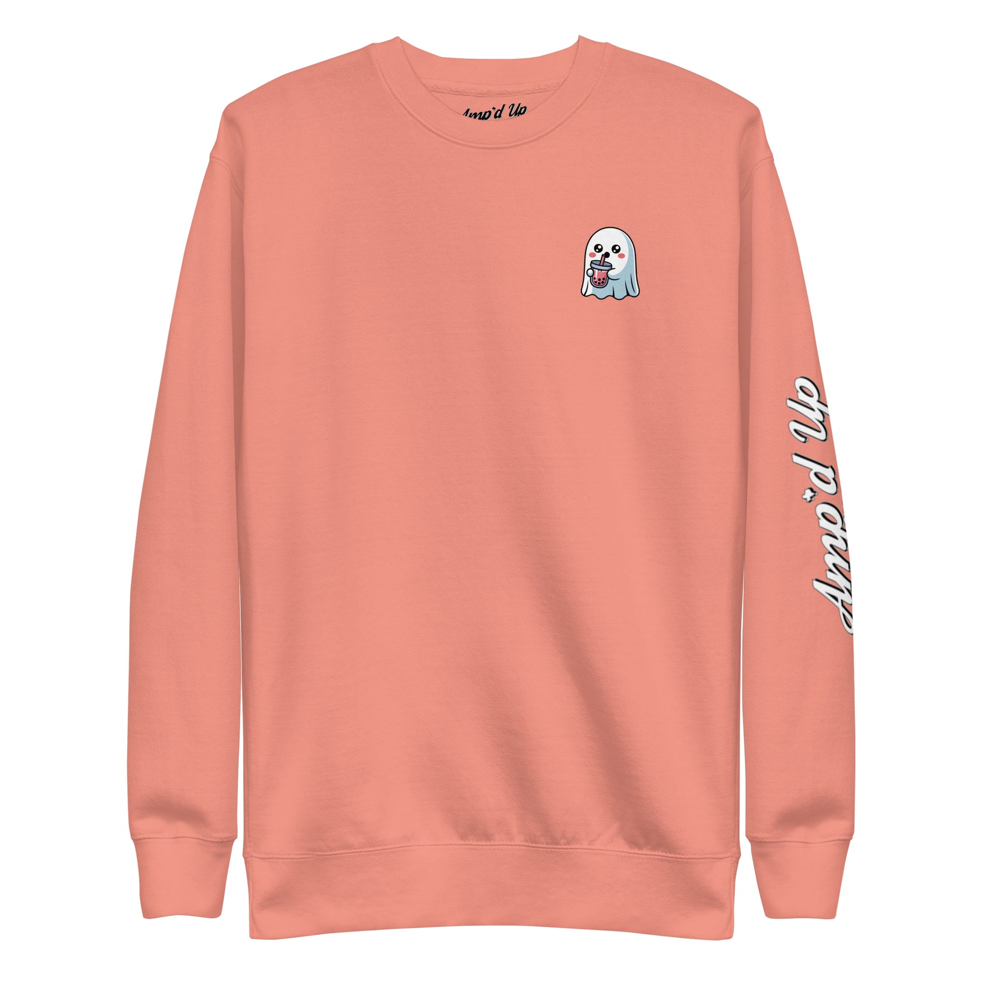 Amp'd Up Custom Ghost with Boba Sweatshirt in peach with ghost holding boba cup and logo on sleeve