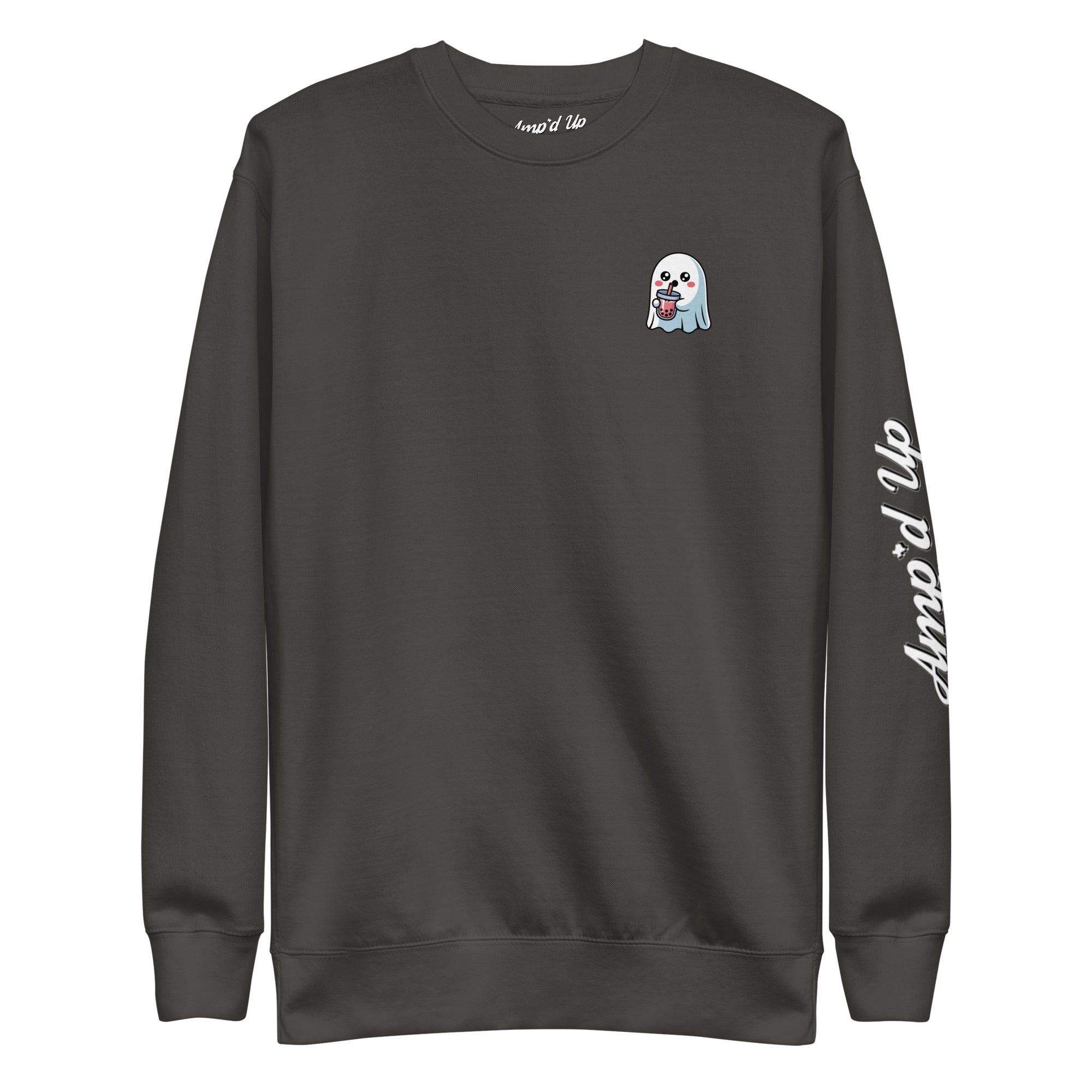 Amp'd Up Custom black Ghost with Boba Sweatshirt featuring a cute ghost holding boba drink and logo on sleeve