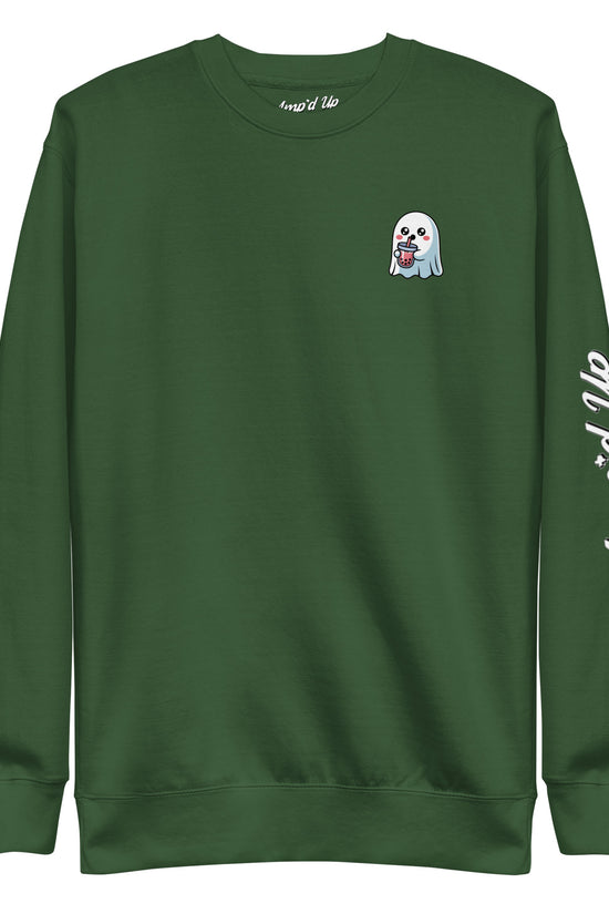Amp'd Up Custom green Ghost with Boba Sweatshirt featuring small ghost holding boba on chest and logo on sleeve