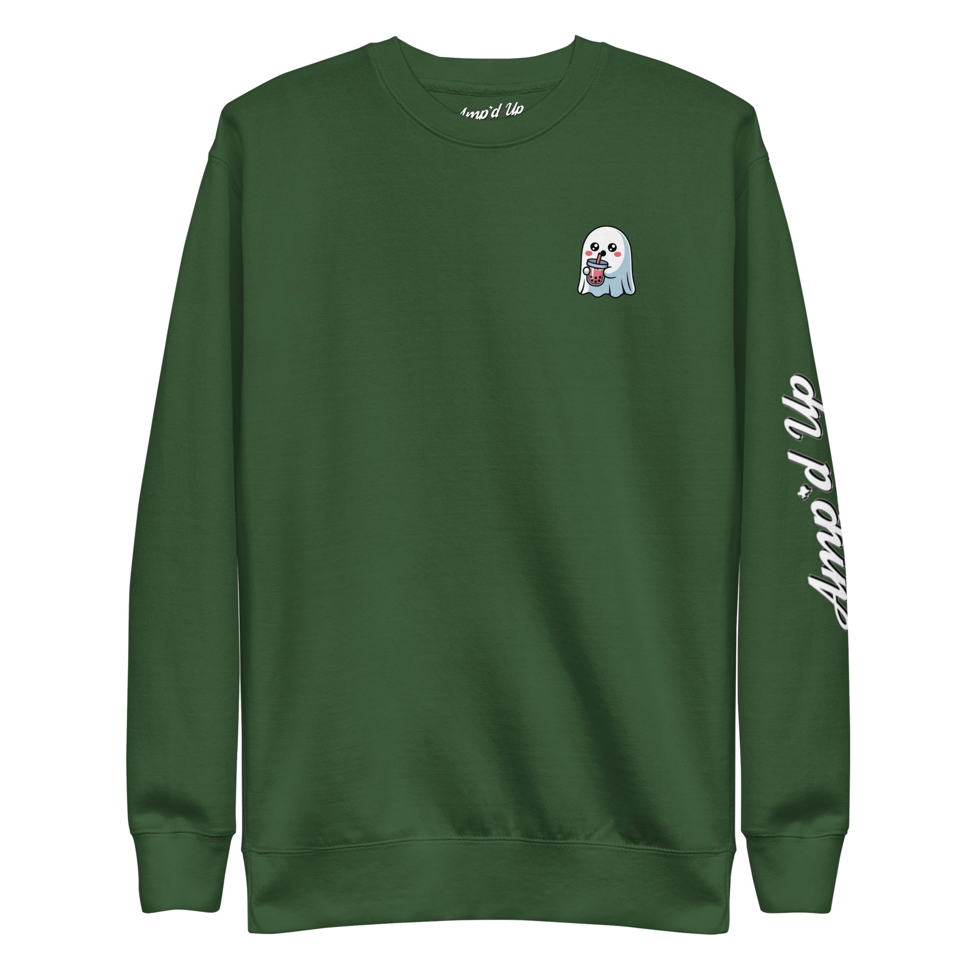 Amp'd Up Custom green Ghost with Boba Sweatshirt featuring small ghost holding boba on chest and logo on sleeve