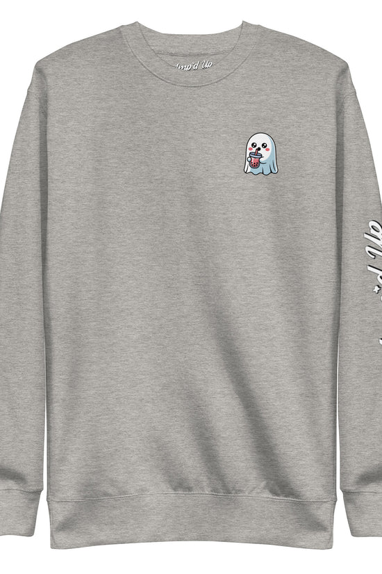 Gray Amp'd Up Custom Ghost with Boba Sweatshirt featuring a small ghost drinking boba on the chest and logo on sleeve