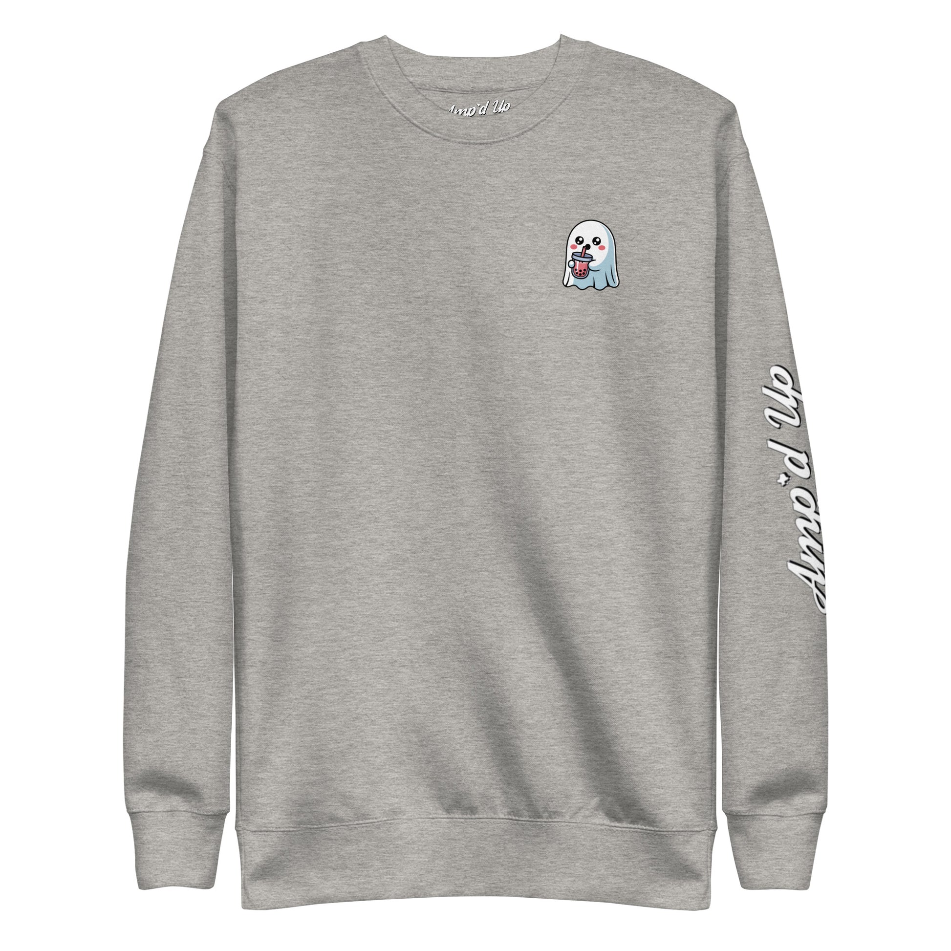 Gray Amp'd Up Custom Ghost with Boba Sweatshirt featuring a small ghost drinking boba on the chest and logo on sleeve
