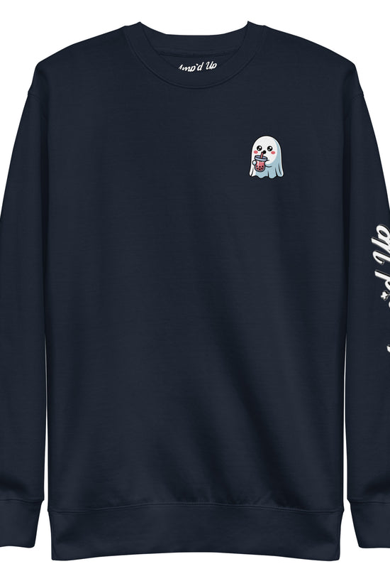 Amp'd Up Custom Ghost with Boba Sweatshirt in navy blue featuring small ghost holding a boba drink and logo on sleeve