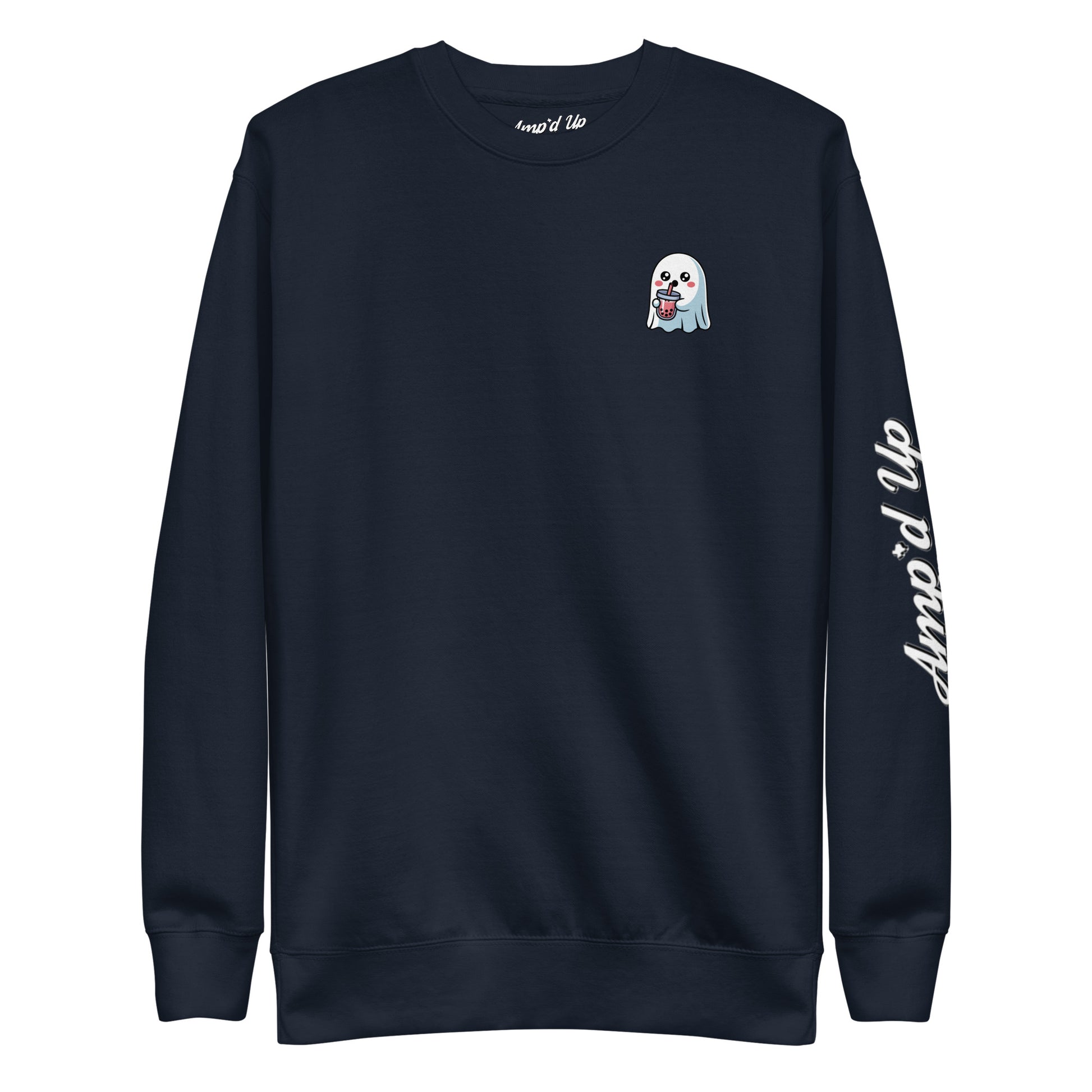 Amp'd Up Custom Ghost with Boba Sweatshirt in navy blue featuring small ghost holding a boba drink and logo on sleeve