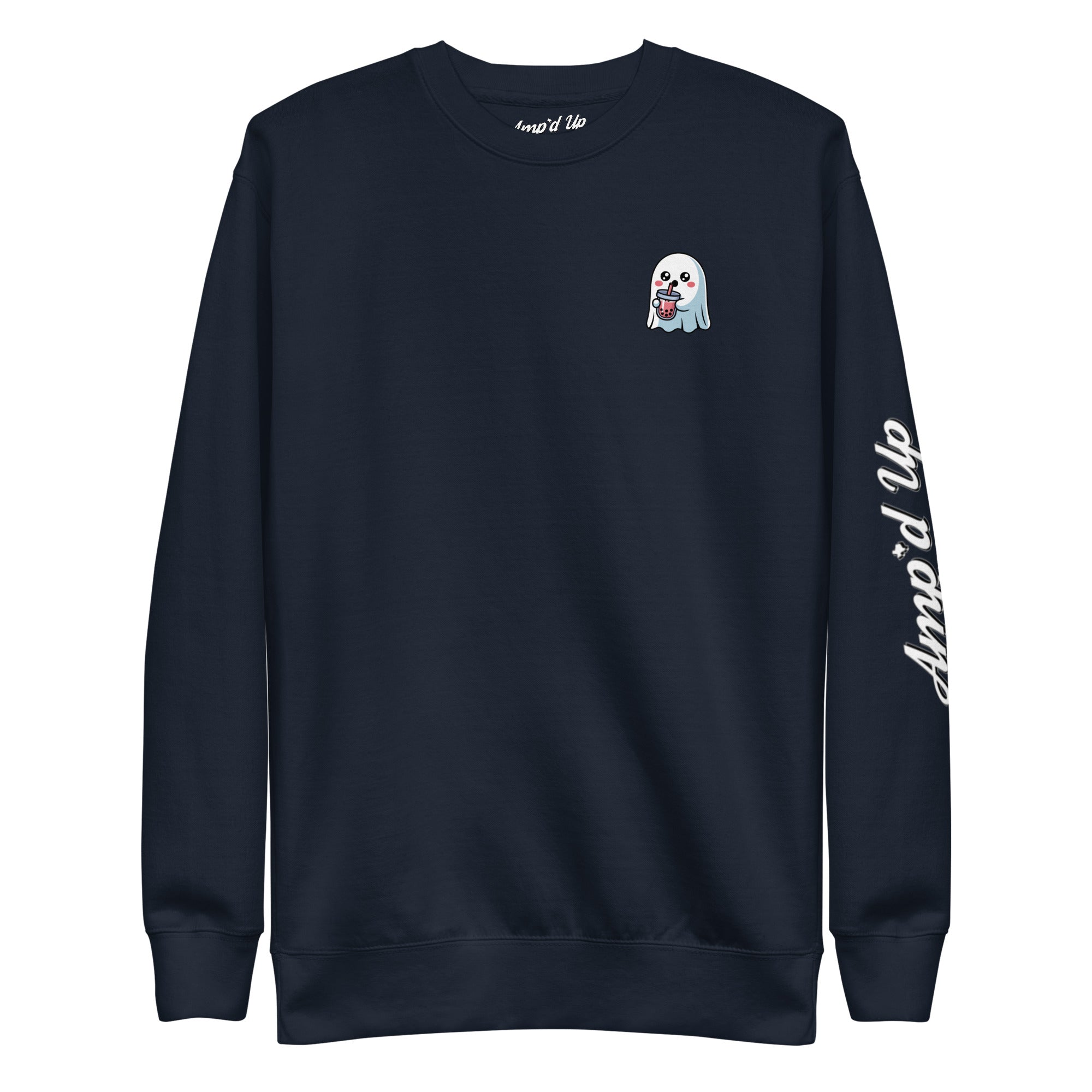 Amp'd Up Custom Ghost with Boba Sweatshirt in navy blue featuring small ghost holding a boba drink and logo on sleeve