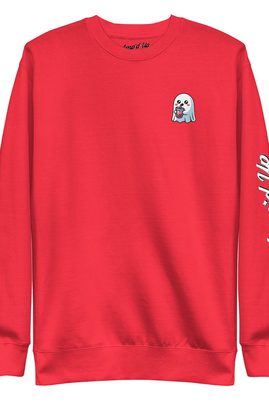 Red Ghost with Boba Sweatshirt by Amp'd Up Custom featuring a cute ghost holding a boba drink